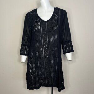 Johnny Was Tunic Top Blouse XS Black Embroidered Eyelet Pullover Cupra Rayon